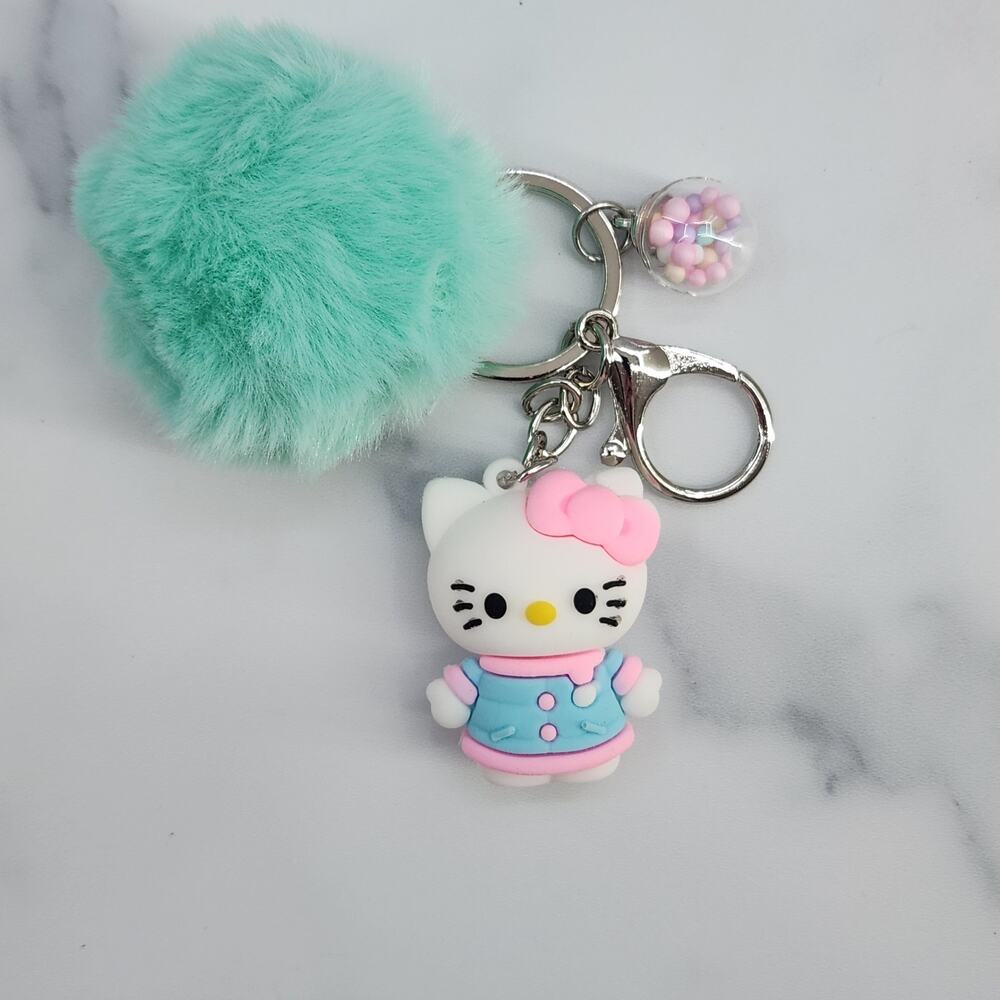 Hello Kitty 3D Figure Keychain puff ball & mini bead filled bubble Blue Dress